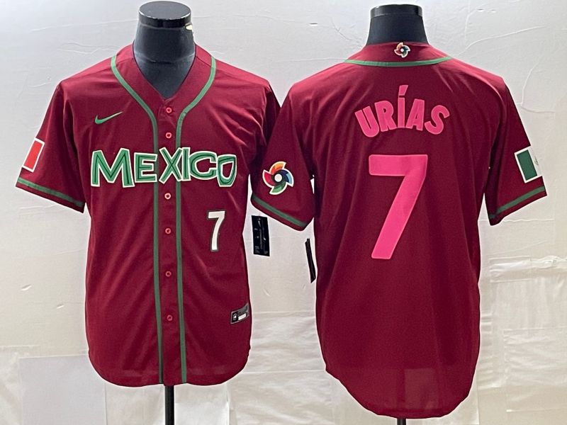 Men 2023 World Cub Mexico 7 Urias Red pink Nike MLB Jersey1